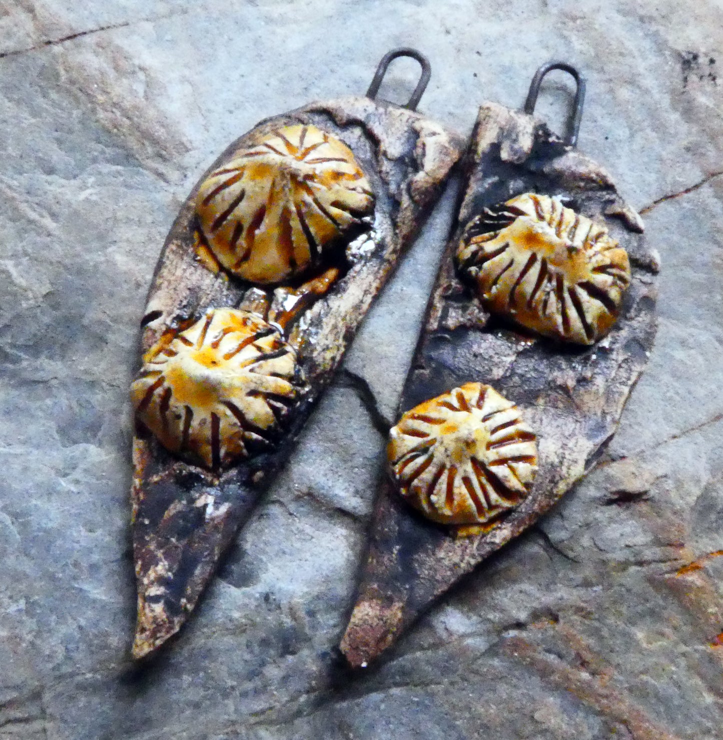 Ceramic Driftwood Shards with Limpets Earring Charms - Cognac