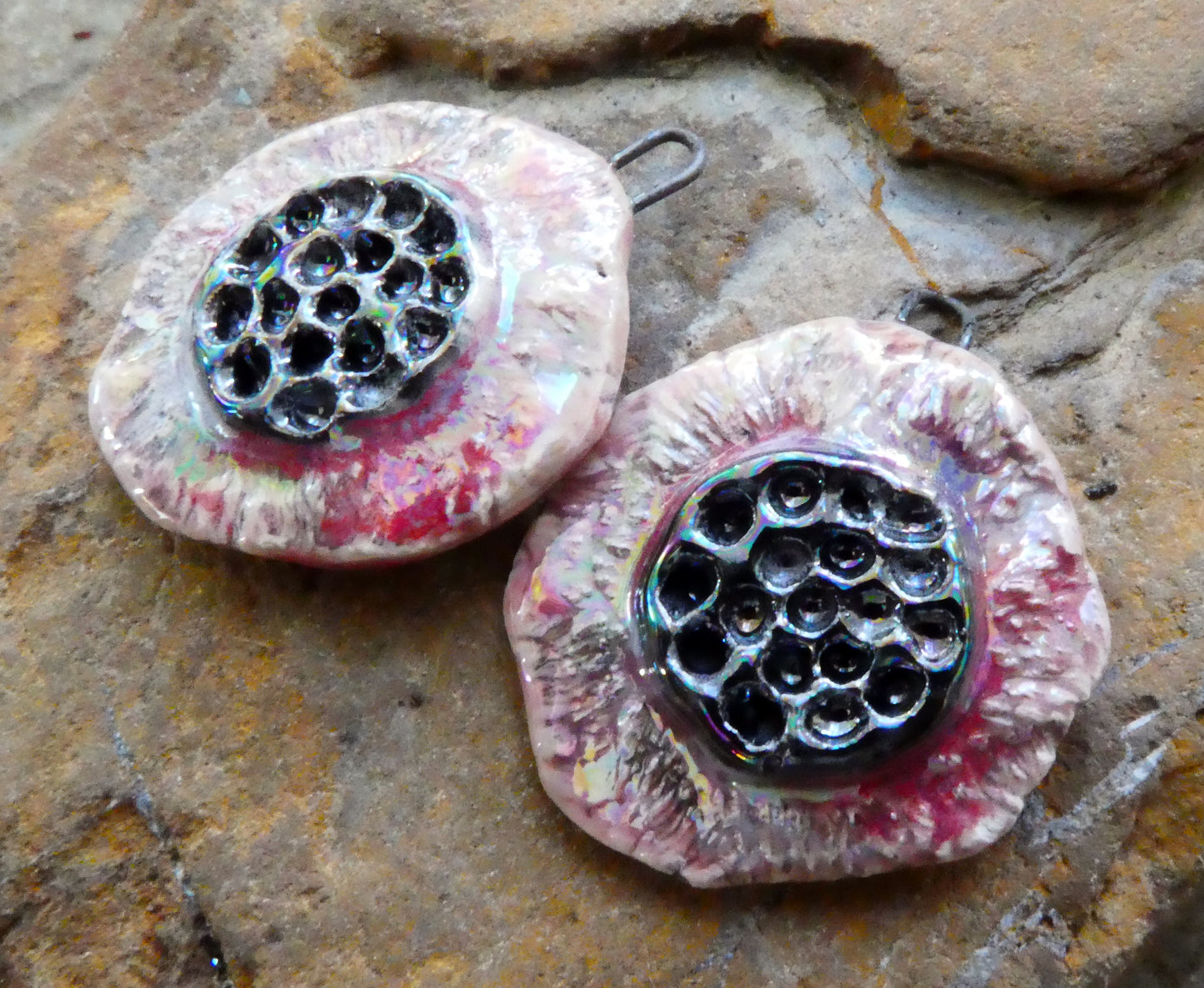 Ceramic Lustrous Feathery Flower Earring Charms - Berry Tart