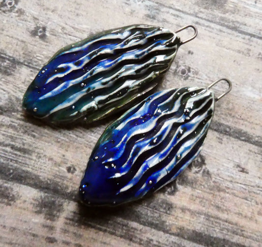 Ceramic Silvery Wave Textured Charms - Mirror Blue
