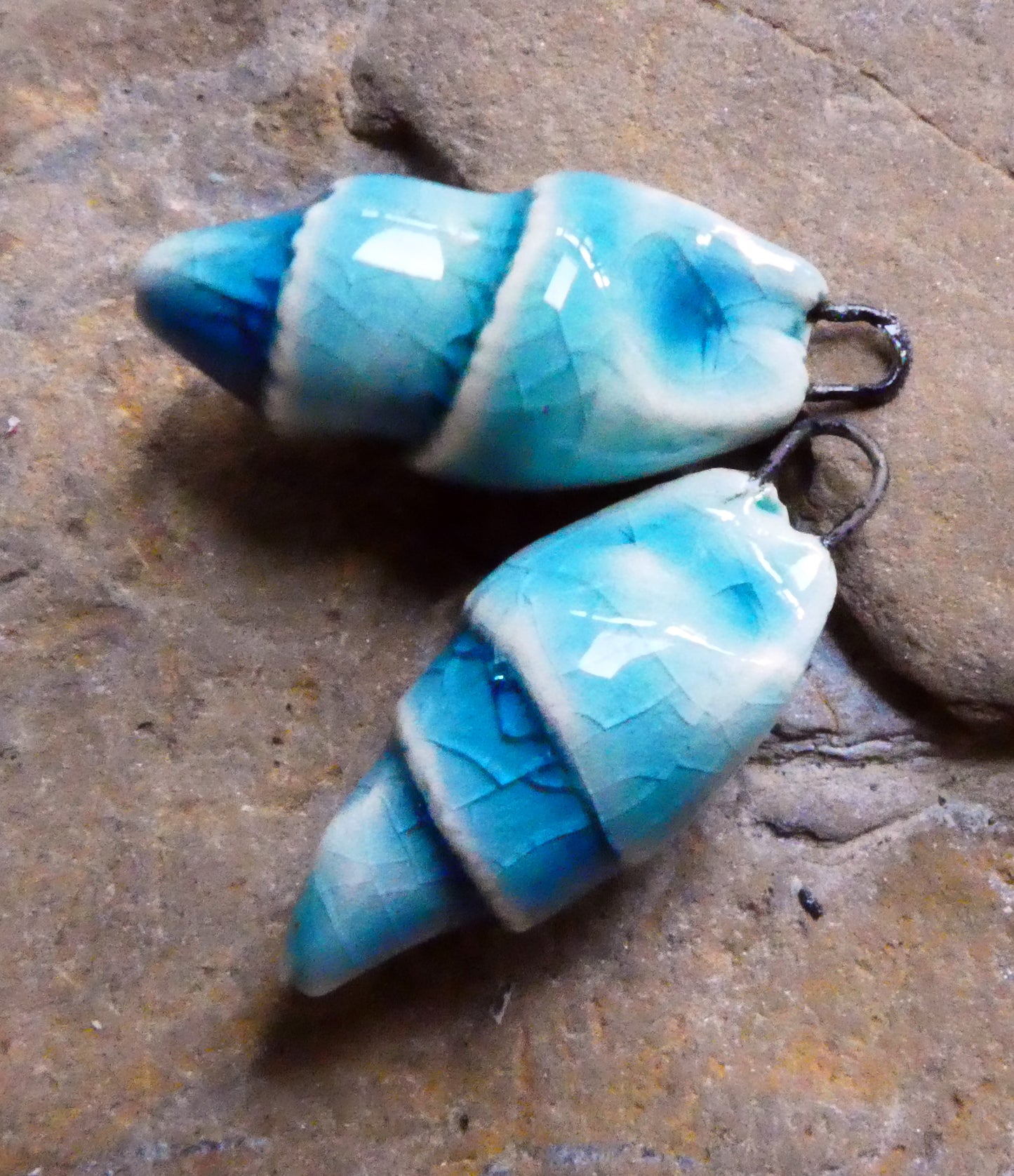 Ceramic Conical Shell Charms - Turquoise Crackle