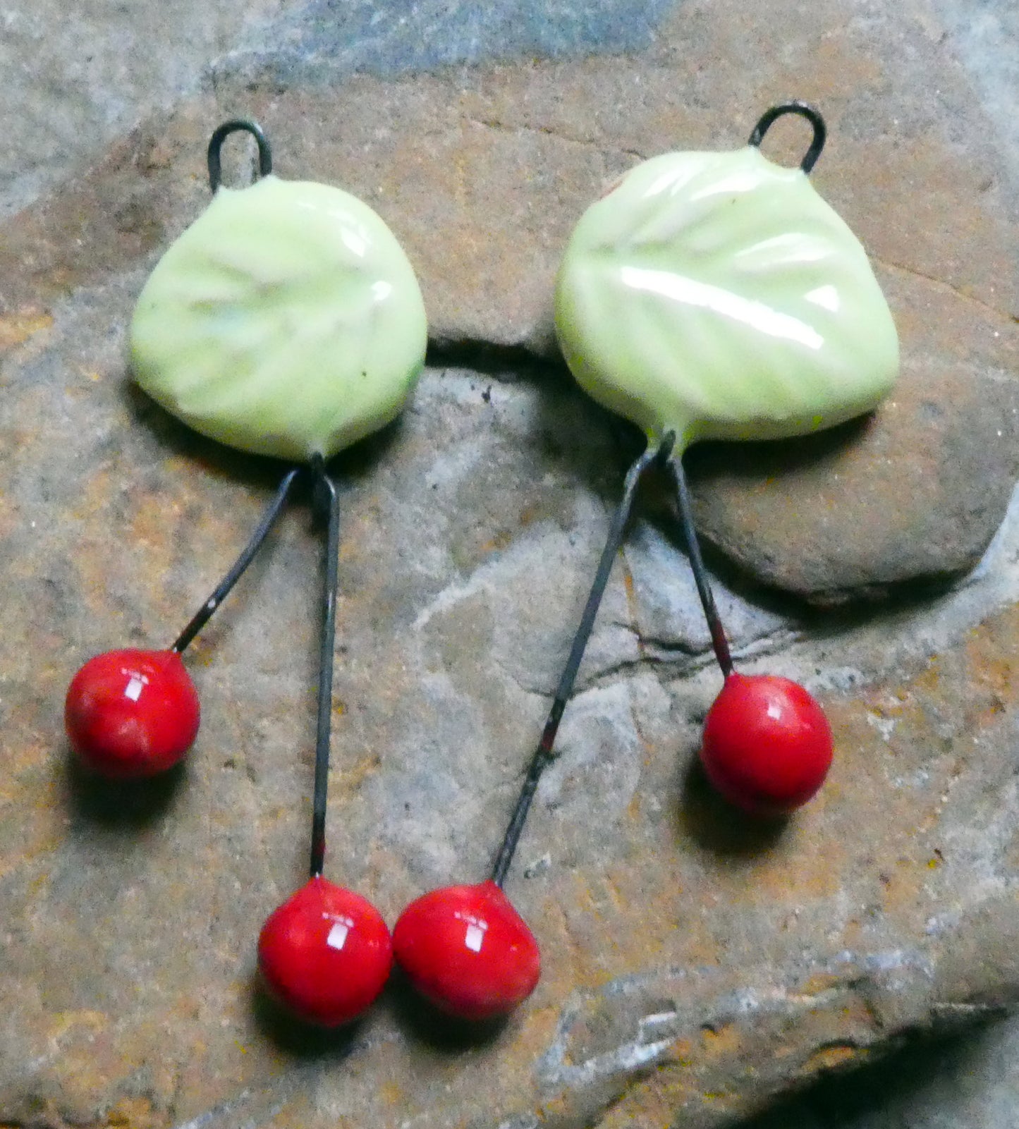 Ceramic Leaf and Cherry Dangles - Honeydew