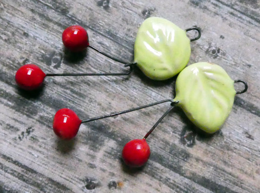 Ceramic Leaf and Cherry Dangles - Honeydew