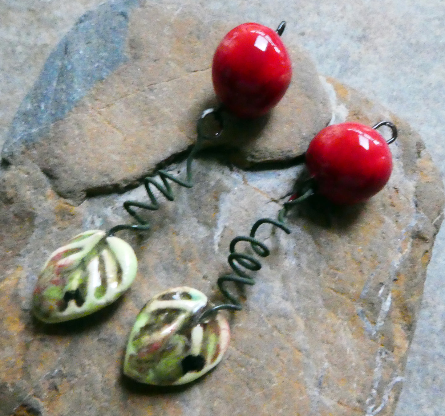 Ceramic Cherry and Leaf Dangles - Mixed Melon