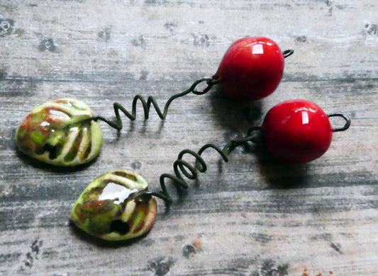 Ceramic Cherry and Leaf Dangles - Mixed Melon