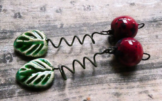 Ceramic Cherry and Leaf Dangles - Algae Bloom