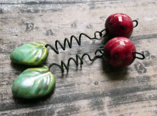 Ceramic Cherry and Leaf Dangles - Supernova