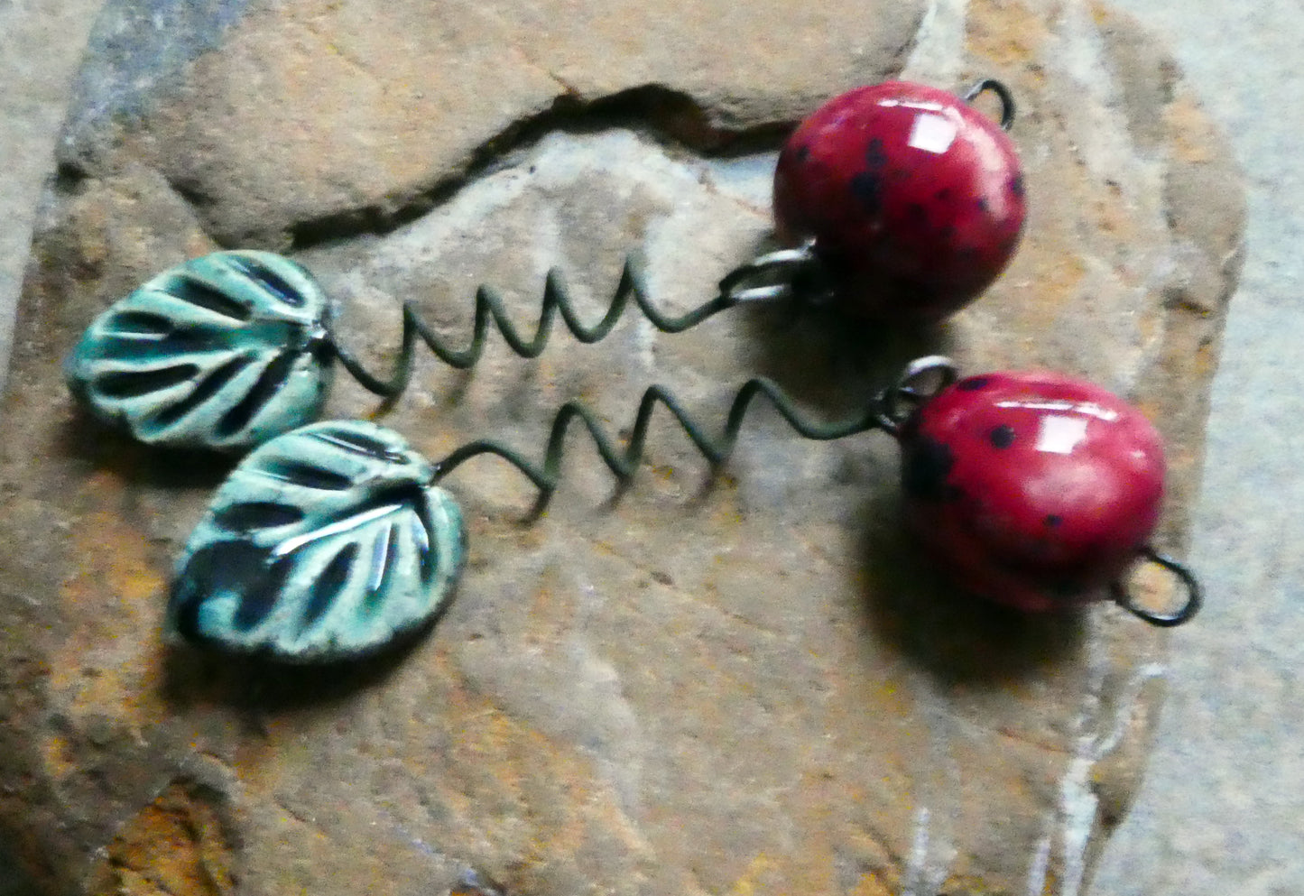 Ceramic Cherry and Leaf Dangles - Ocean Mist