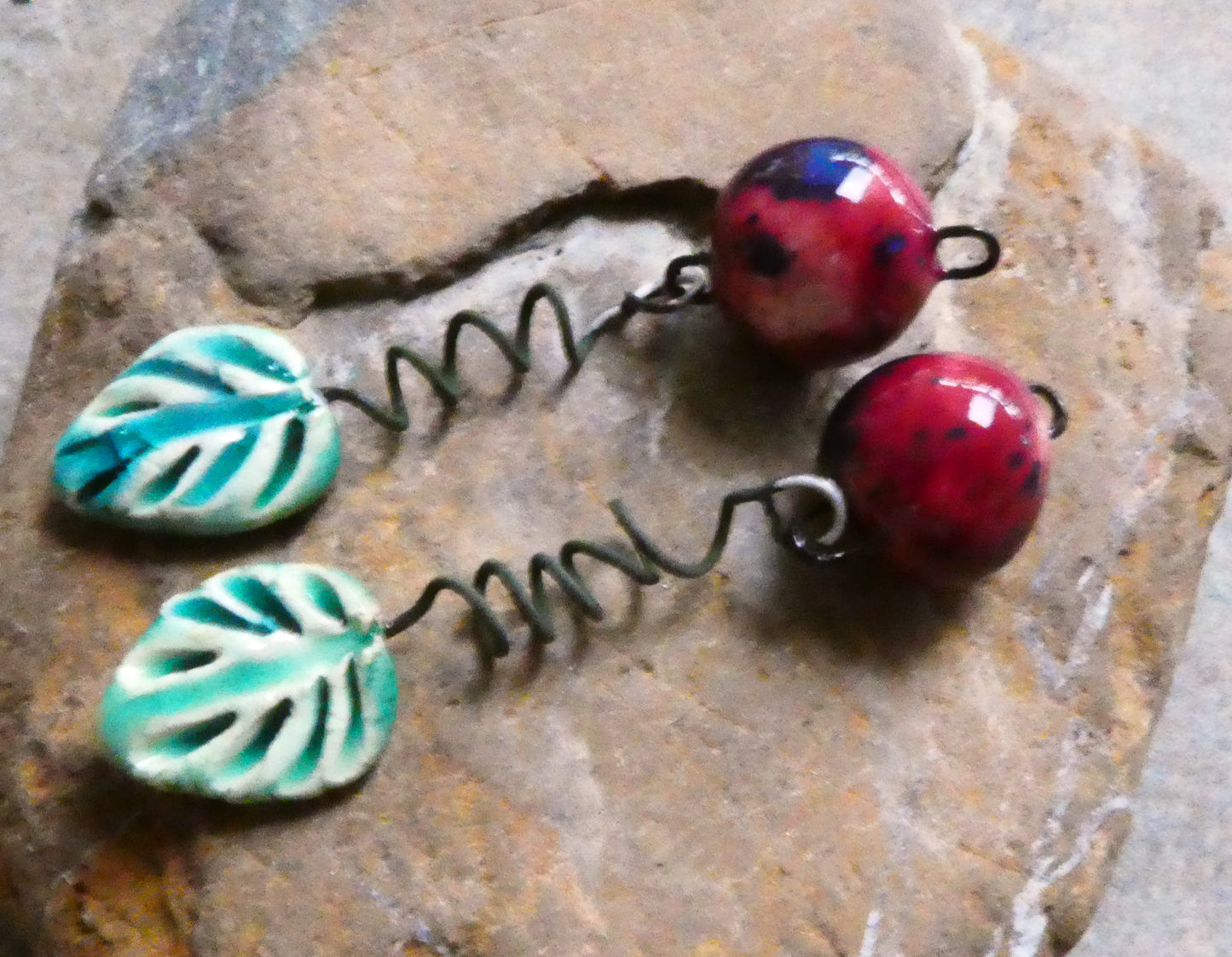 Ceramic Cherry and Leaf Dangles - Lime