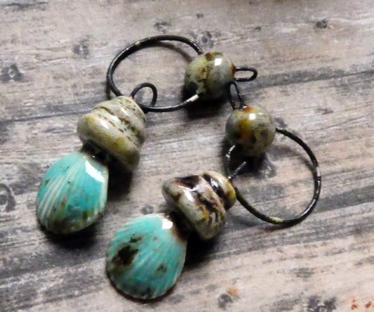 Ceramic Pebble and Shell Hoopy Dangles - Blue Guppy