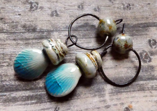 Ceramic Pebble and Shell Hoopy Dangles - Turquoise Crackle