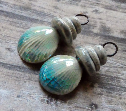 Ceramic Lustrous Pebble and Shell Charms - Turquoise Crackle
