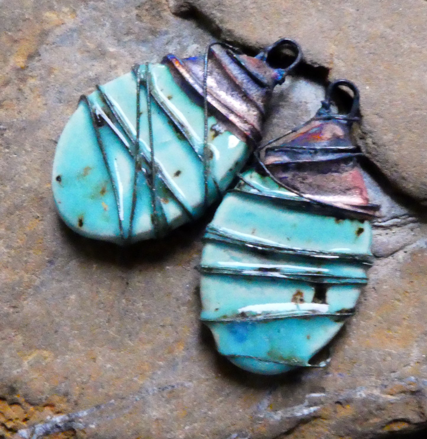 Ceramic Wire Wrapped Teardrop Charms - Blue Guppy