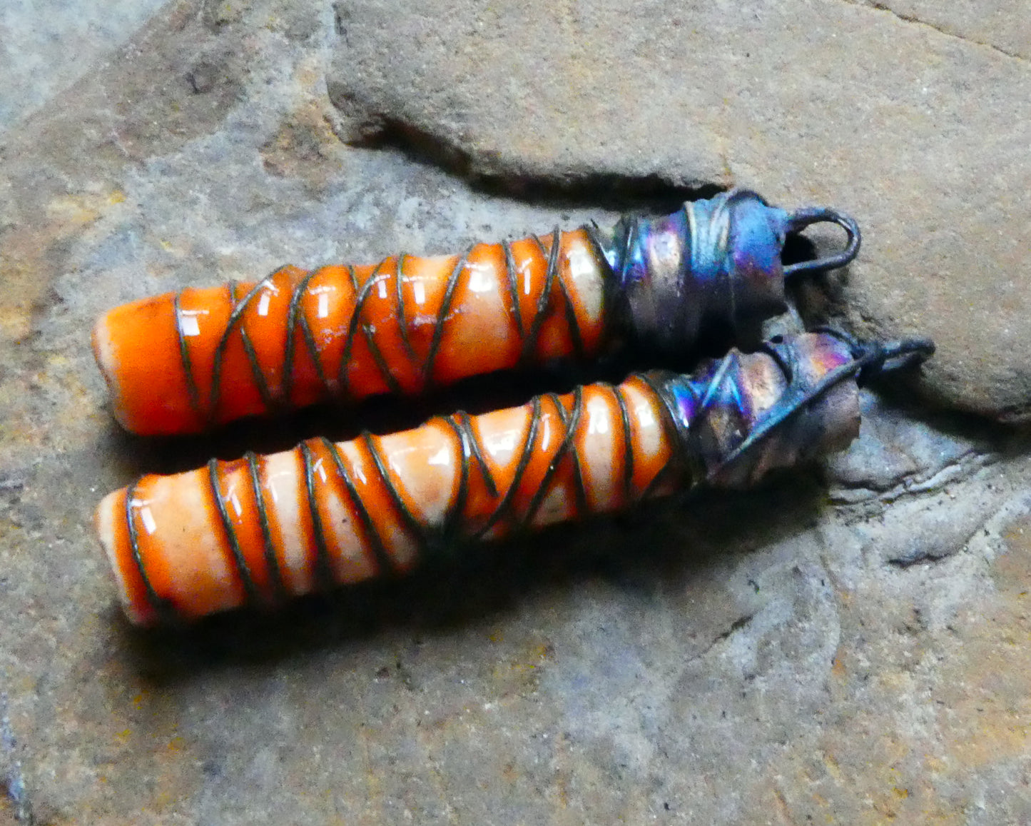 Ceramic Wire Wrapped Stick Charms - Wildfire