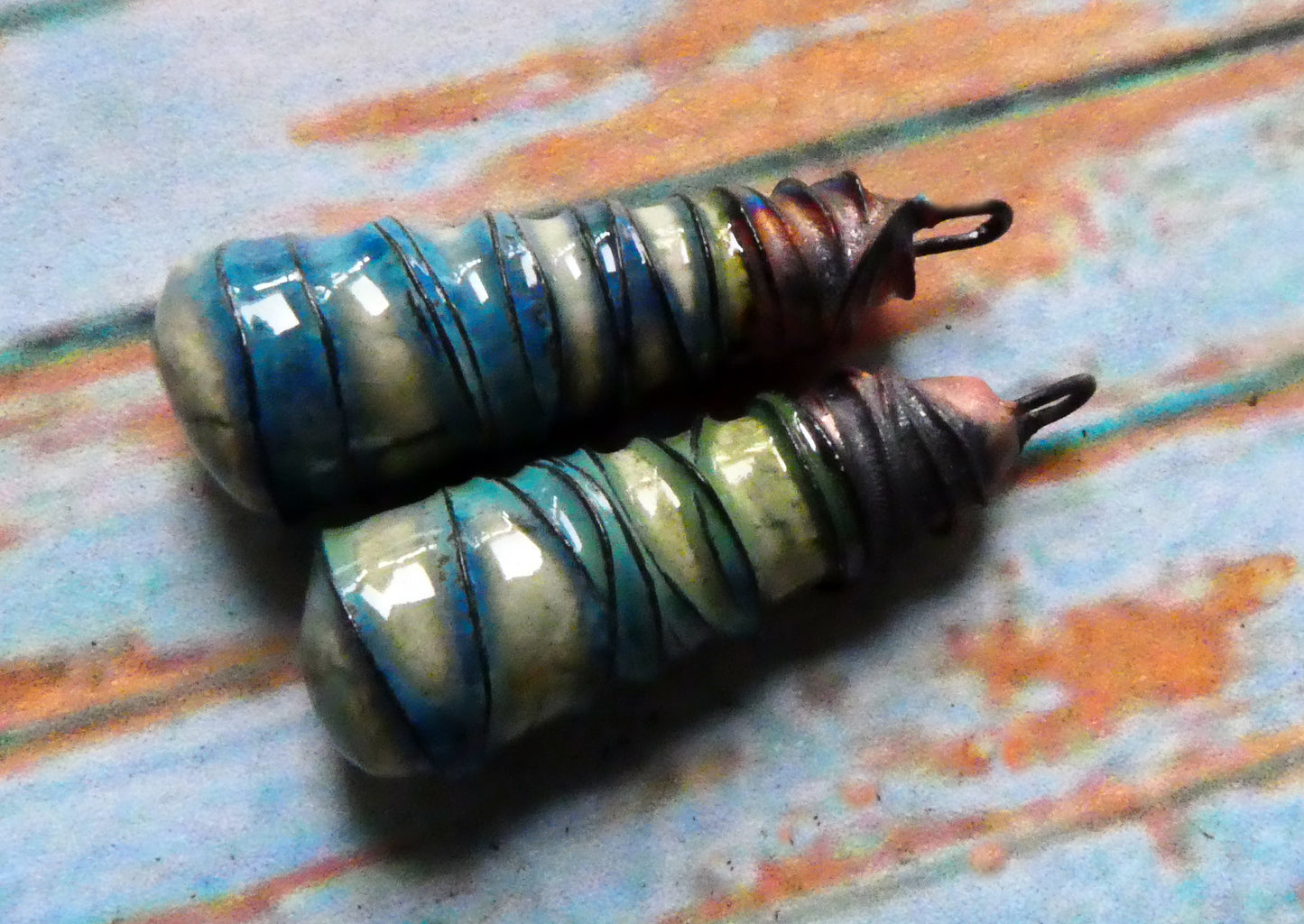Ceramic Wire Wrapped Baton Charms - Blue Azure