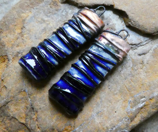 Ceramic Wire Wrapped Tablet Charms -Mirror Blue