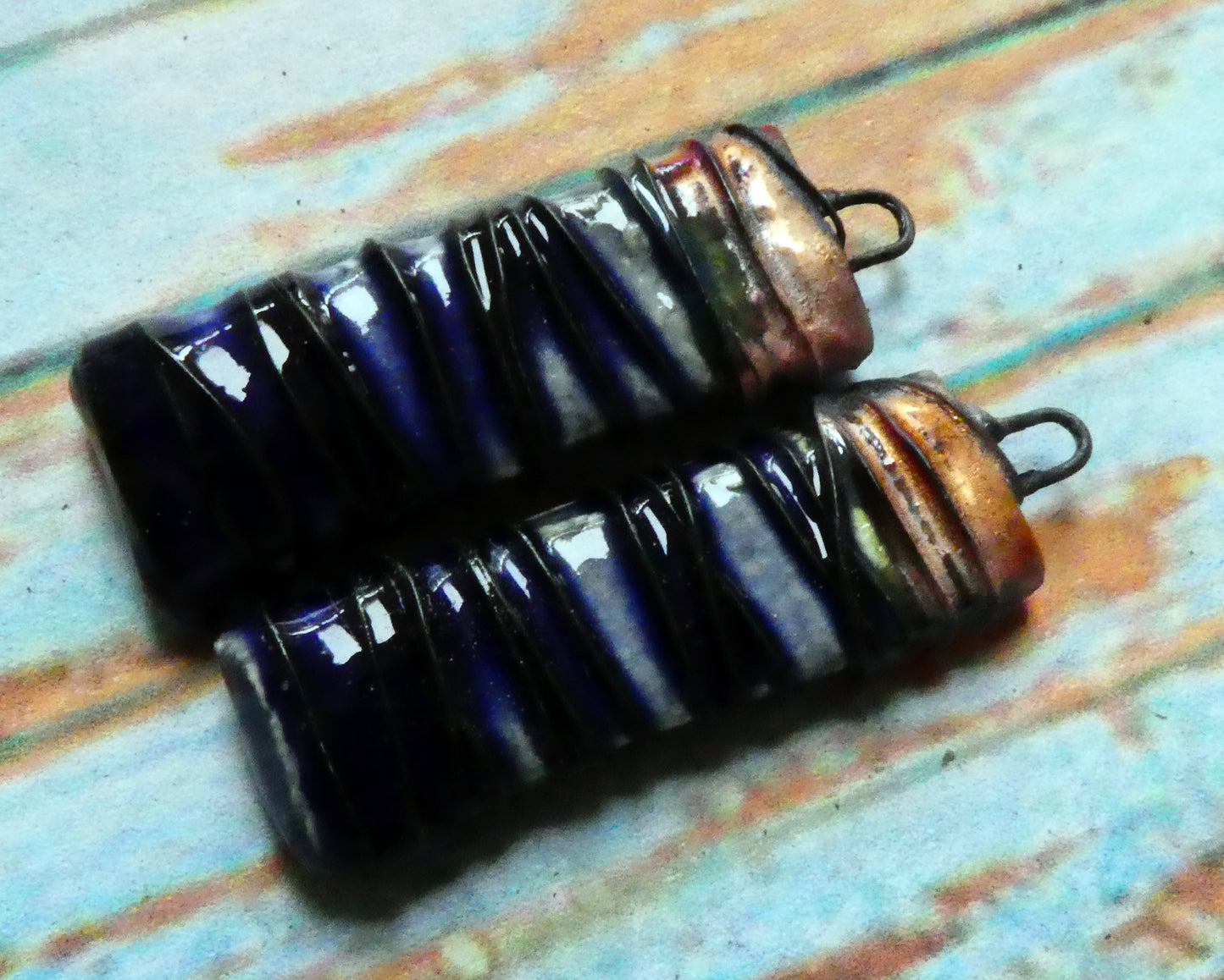 Ceramic Wire Wrapped Tablet Charms -Mirror Blue