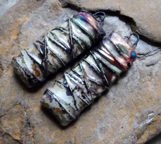 Ceramic Wire Wrapped Tablet Charms -Spotted Malachite