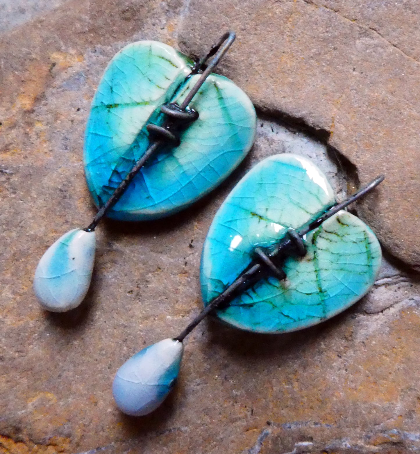 Ceramic Leaf Heart and Raindrop Charms - Taunton Turquoise