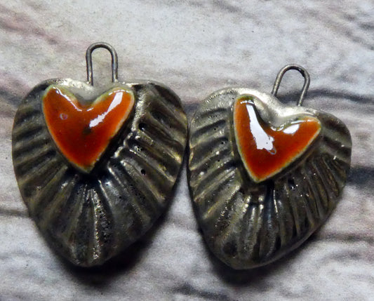 Ceramic Textured Heart Charms - Vermillion Sunburst