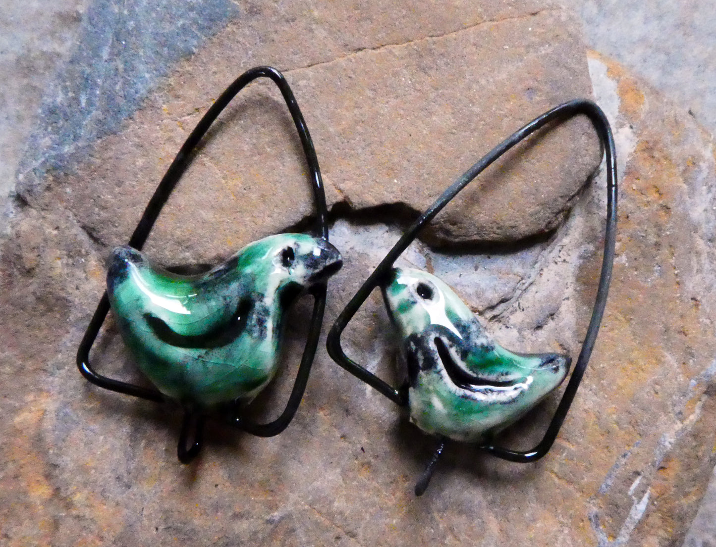 Ceramic Birdie on a Swing Connectors - Algae Bloom