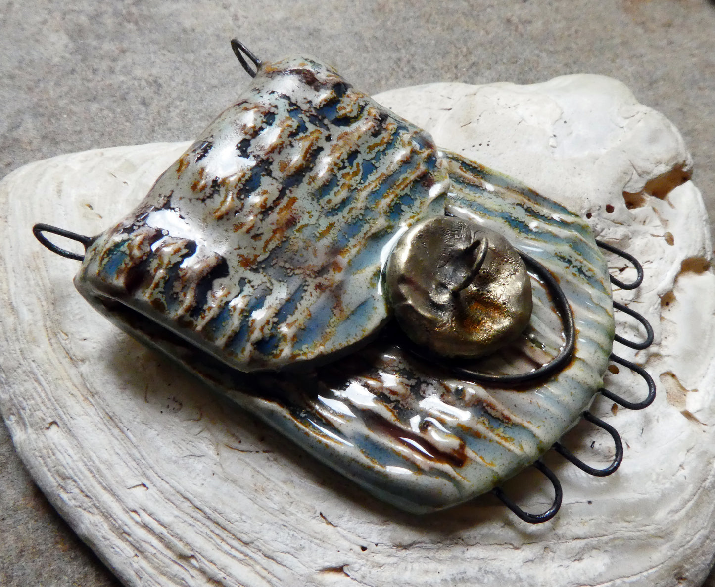 Ceramic Reed Textured Satchel Necklace Connector - Spotted Malachite