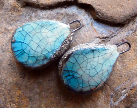 Ceramic Crackly Flat Drop Charms -China Sea