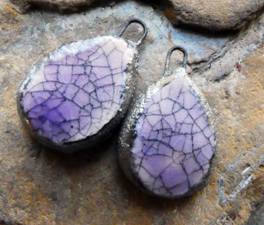 Ceramic Crackly Flat Drop Charms -Amethyst