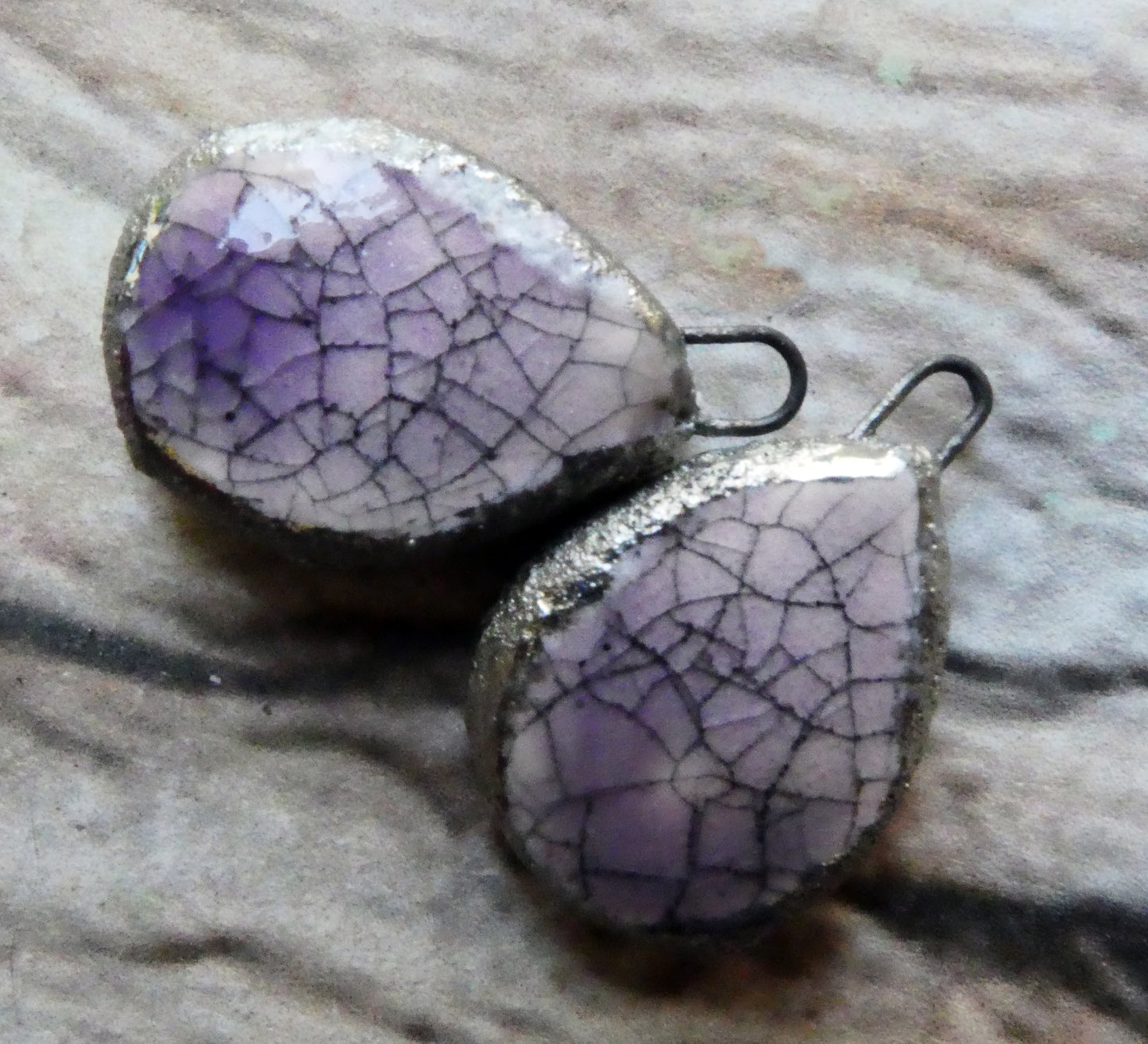 Ceramic Crackly Flat Drop Charms -Amethyst