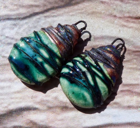 Ceramic Wire Wrapped Teardrop Charms -Emerald Mist