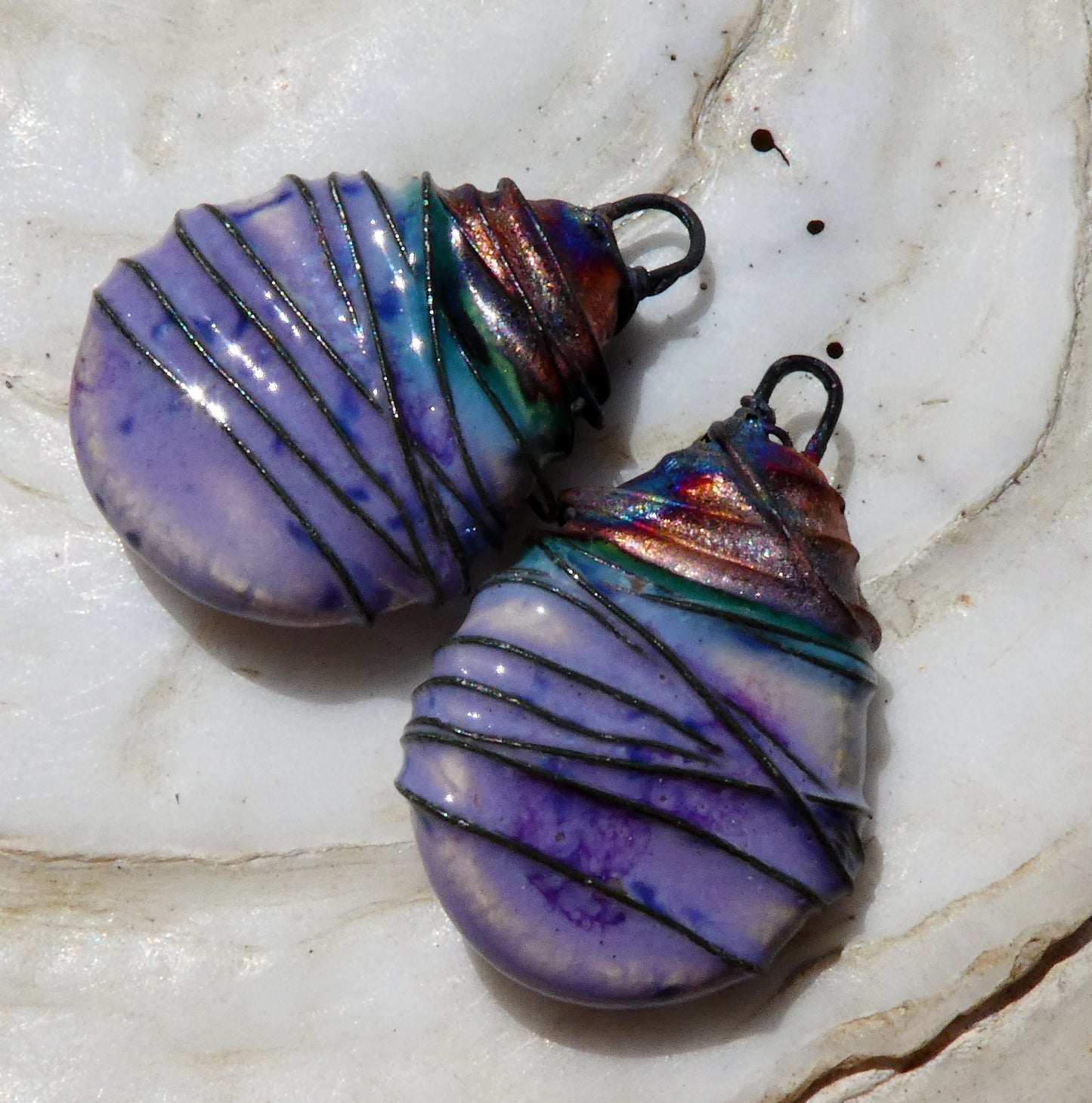 Ceramic Wire Wrapped Teardrop Charms -Purple Reign