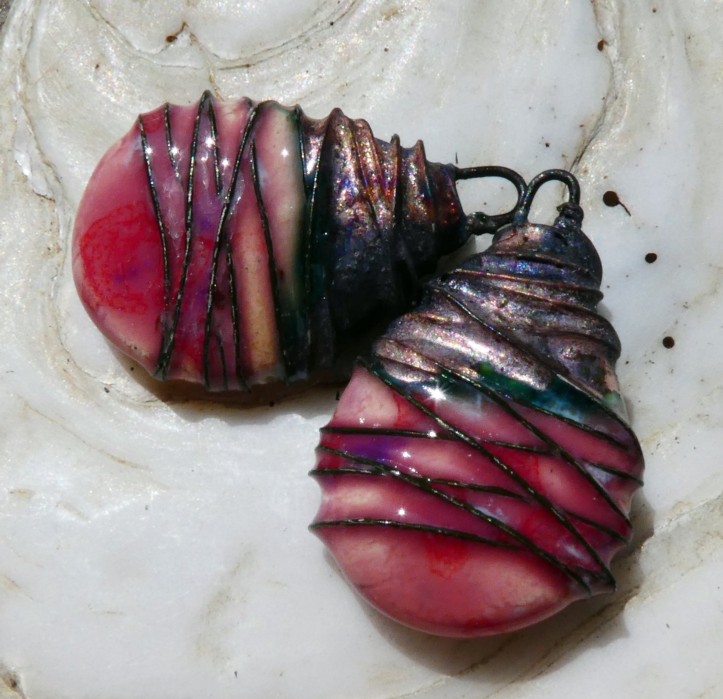 Ceramic Wire Wrapped Teardrop Charms -Berry Tart