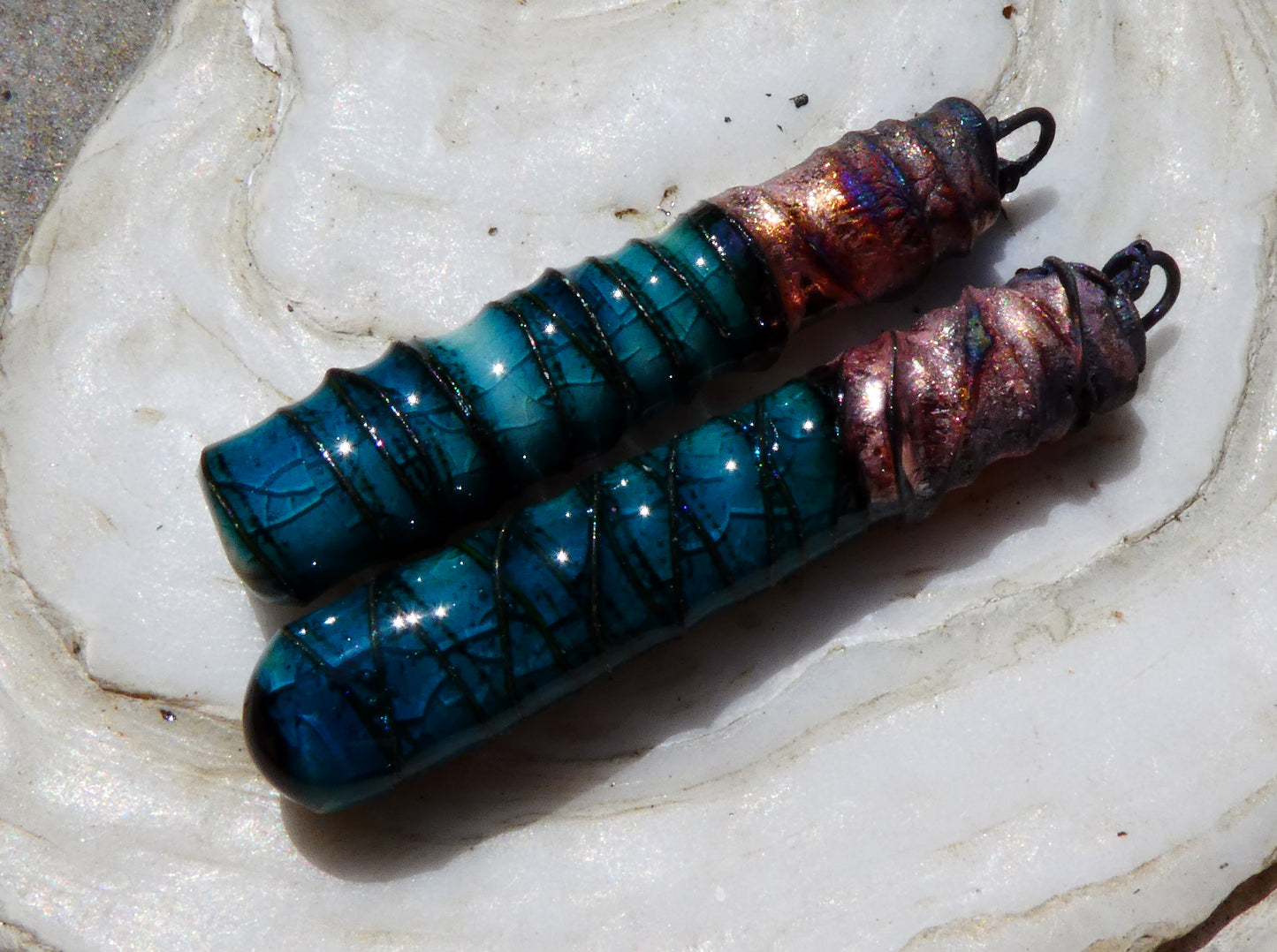 Ceramic Wire Wrapped Stick Charms - Oriental Blue - Asymmetric