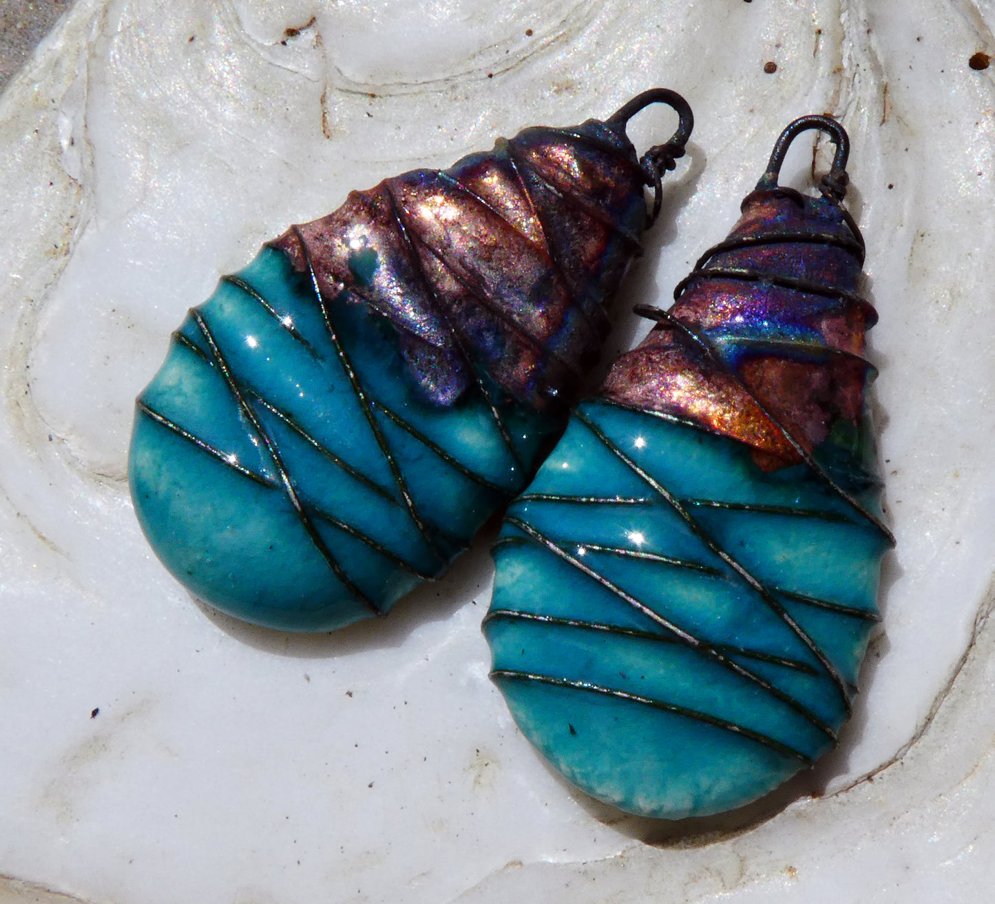 Ceramic Wire Wrapped Flat Teardrop Charms -Emerald Falls