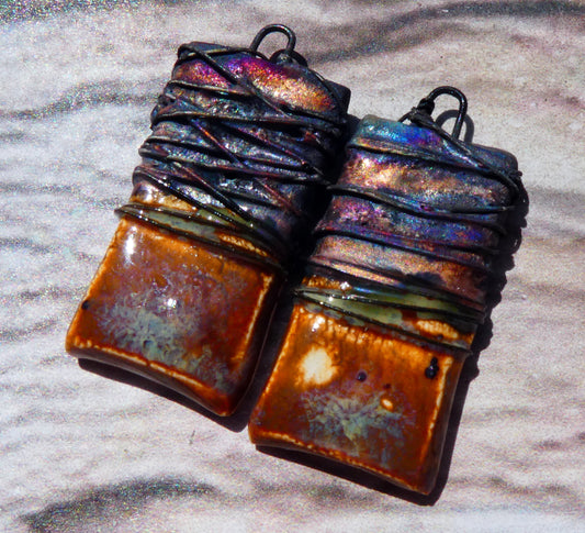 Ceramic Wire Wrapped Tablet Charms -Amber Ash