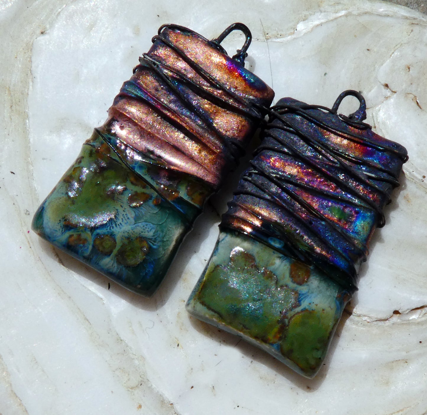 Ceramic Wire Wrapped Tablet Charms -Mystic Jade