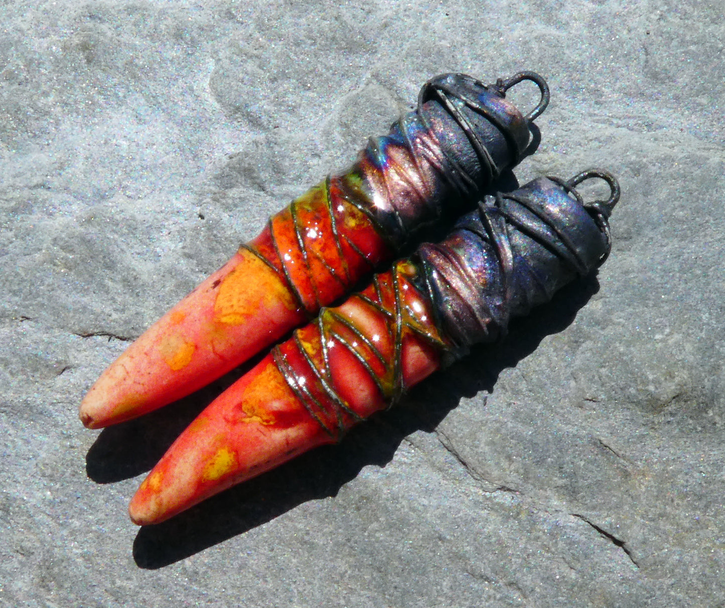 Ceramic Wire Wrapped Spike Charms - Firecracker