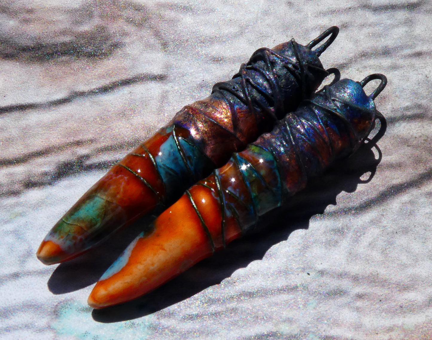 Ceramic Wire Wrapped Spike Charms - Vermillion Sunburst