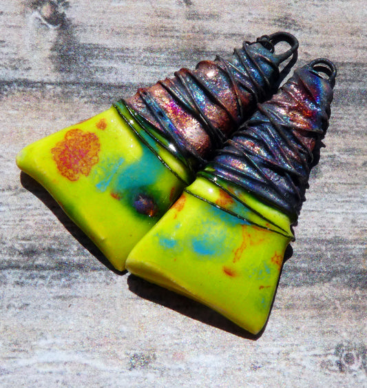 Ceramic Wire Wrapped Wedge Charms -Cherry Limeade