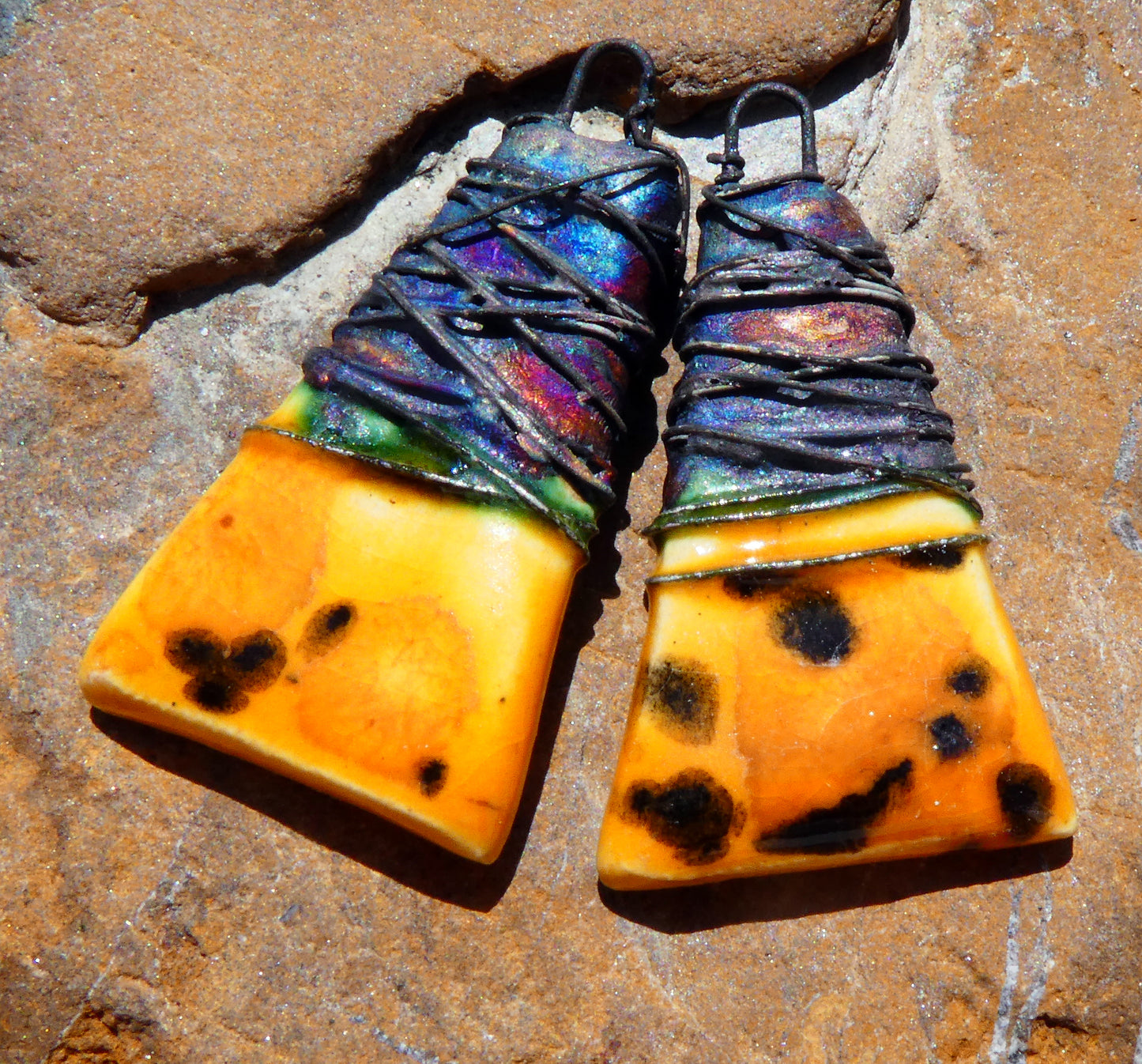 Ceramic Wire Wrapped Wedge Charms -Papaya