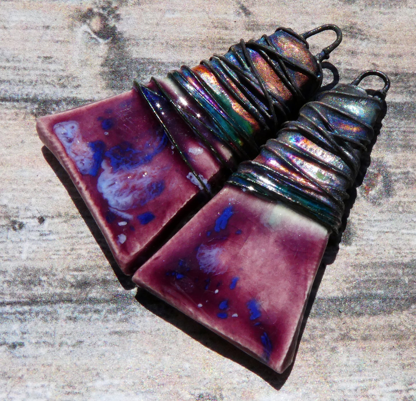 Ceramic Wire Wrapped Wedge Charms -Plum Jelly