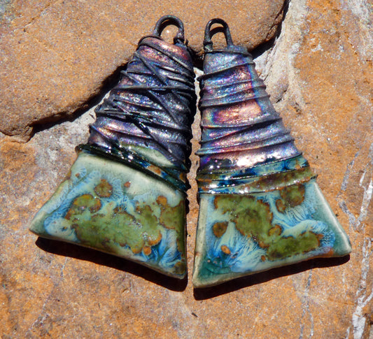 Ceramic Wire Wrapped Wedge Charms -Mystic Jade