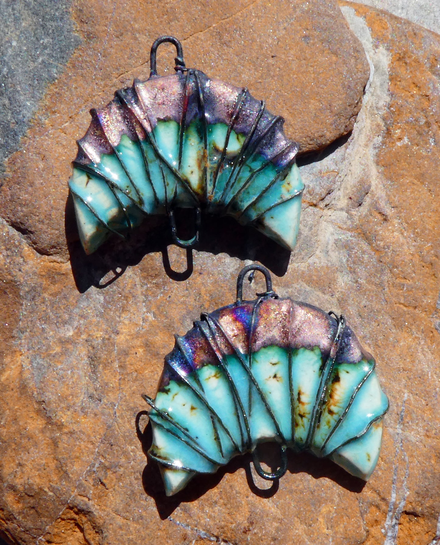 Ceramic Wire Wrapped Crescent Connectors - Blue Guppy