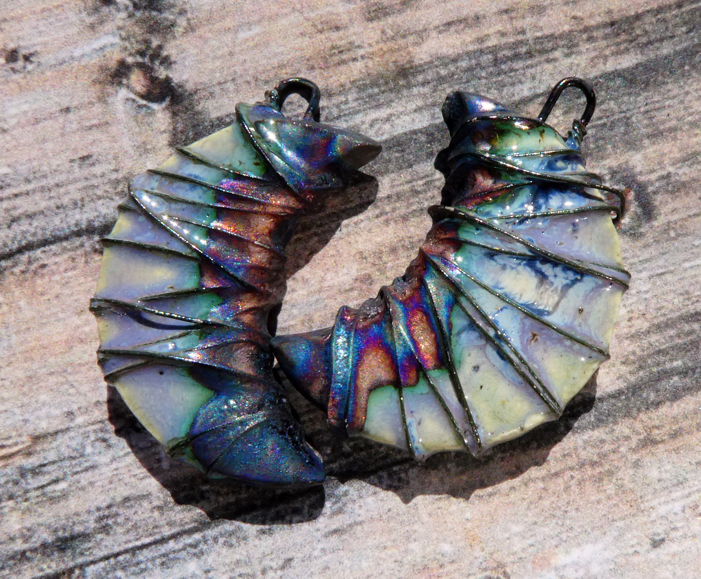 Ceramic Wire Wrapped Crescent Charms -Glacier Fire