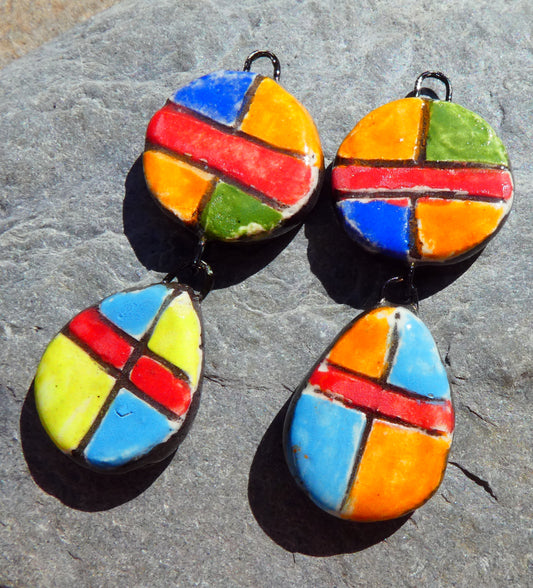 Ceramic Sgraffito Disc and Teardrop Dangles #1