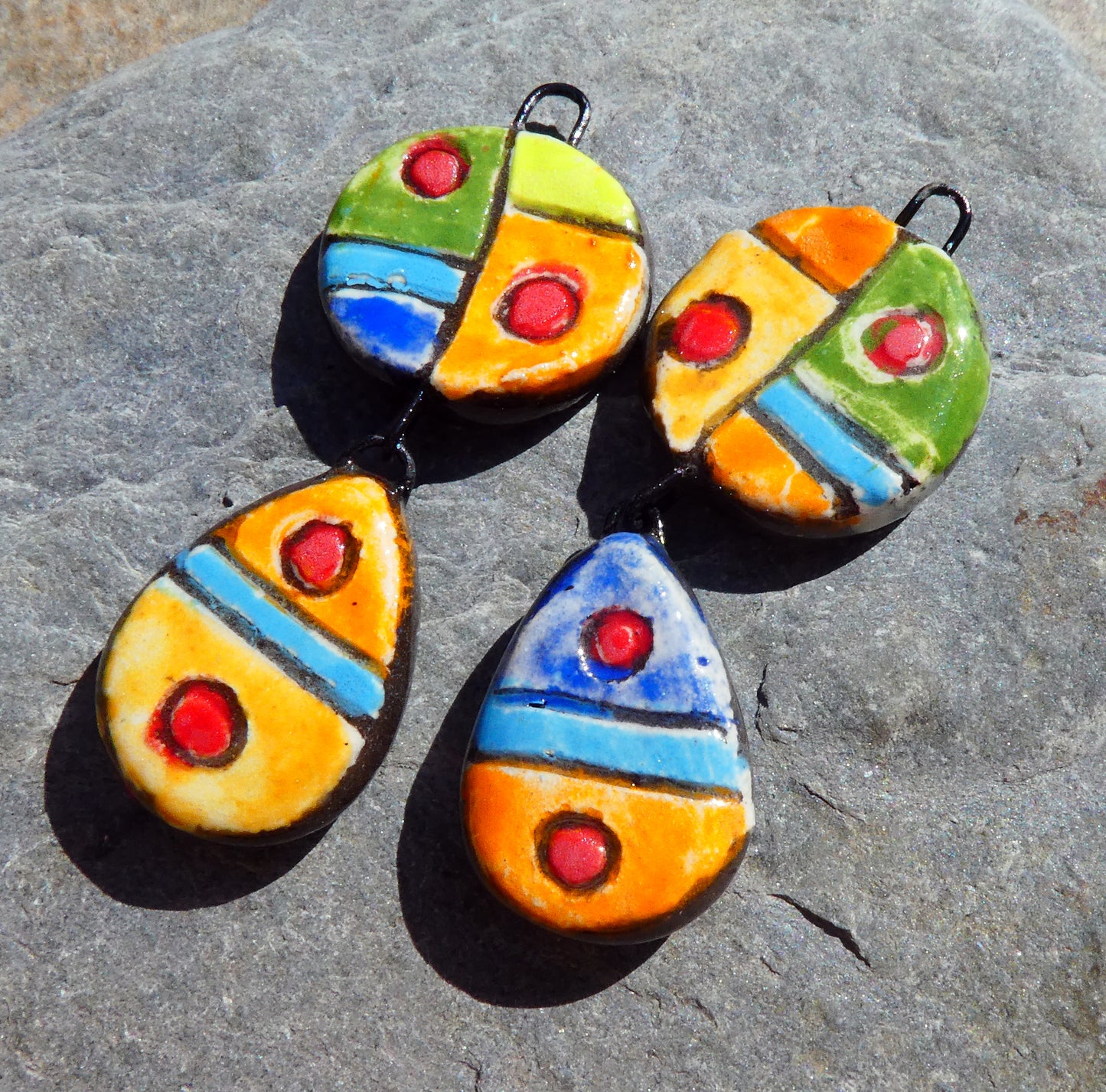 Ceramic Sgraffito Disc and Teardrop Dangles #3