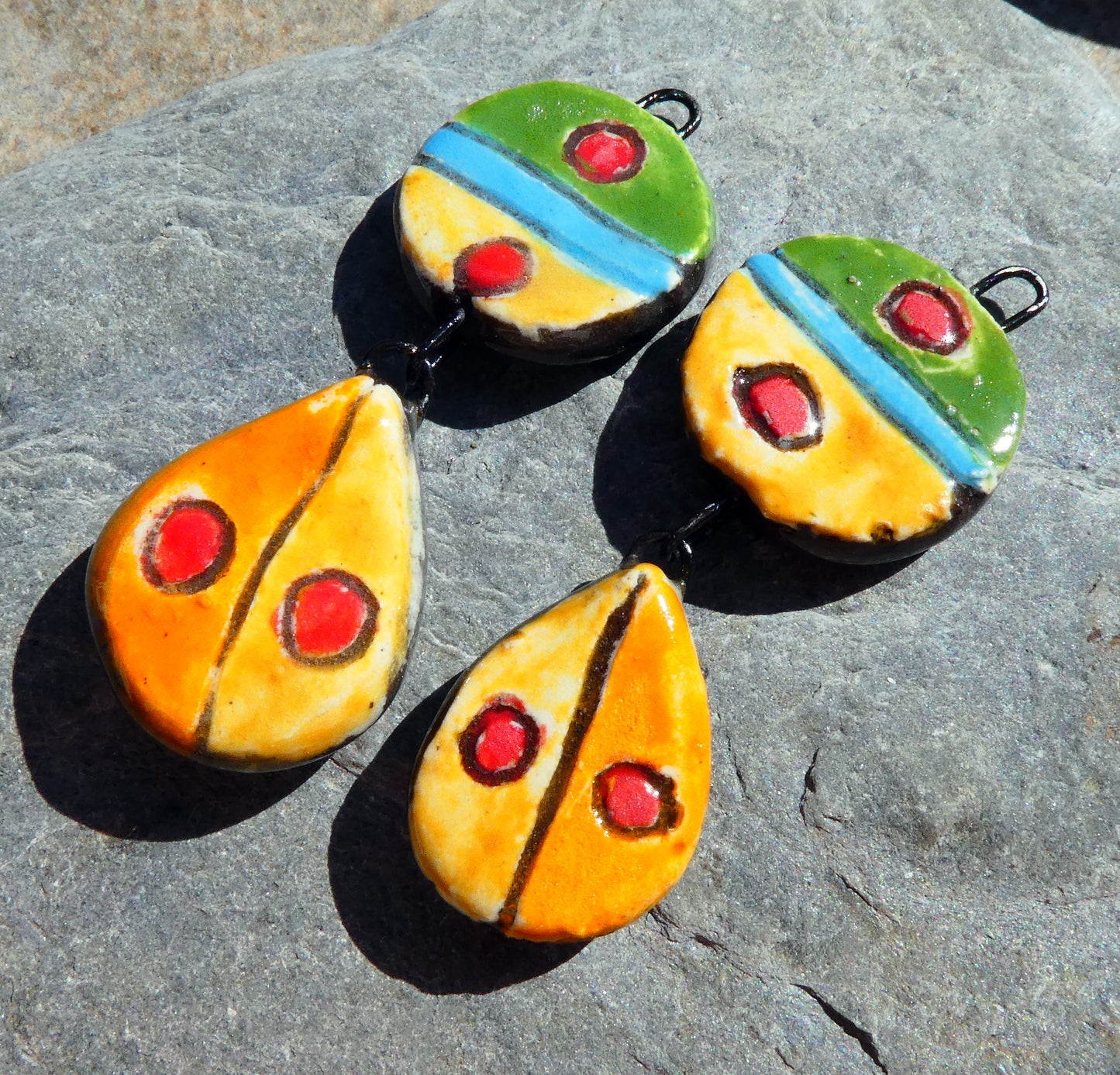 Ceramic Sgraffito Disc and Teardrop Dangles #5