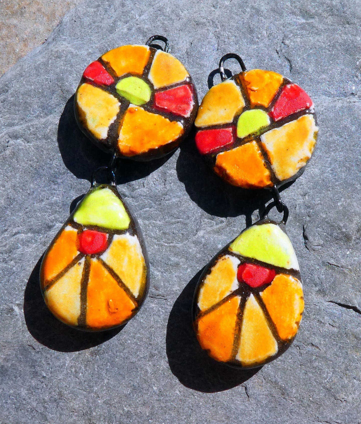 Ceramic Sgraffito Disc and Teardrop Dangles #8