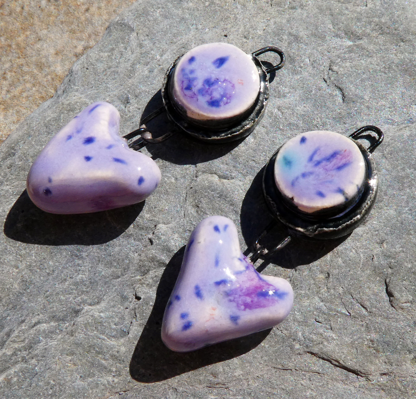 Ceramic Moulded Disc and Heart Dangles - Purple Reign