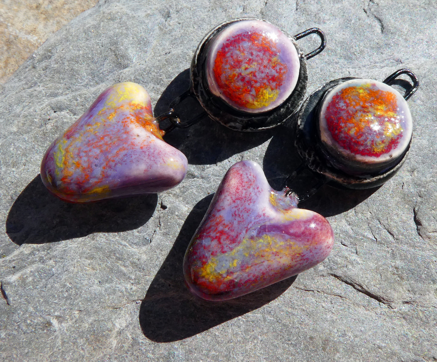 Ceramic Moulded Disc and Heart Dangles - Floral Fantasy