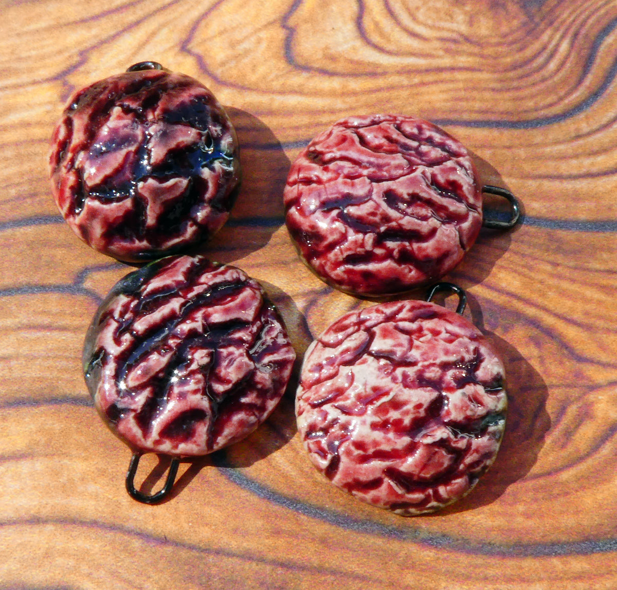 Ceramic Pine Cone Textured Disc Charms - Somerset Scarlet